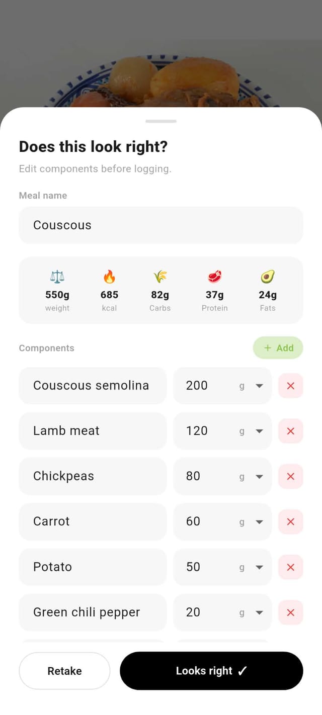 Écran de détection FitTN listant les composants du couscous avec poids modifiables