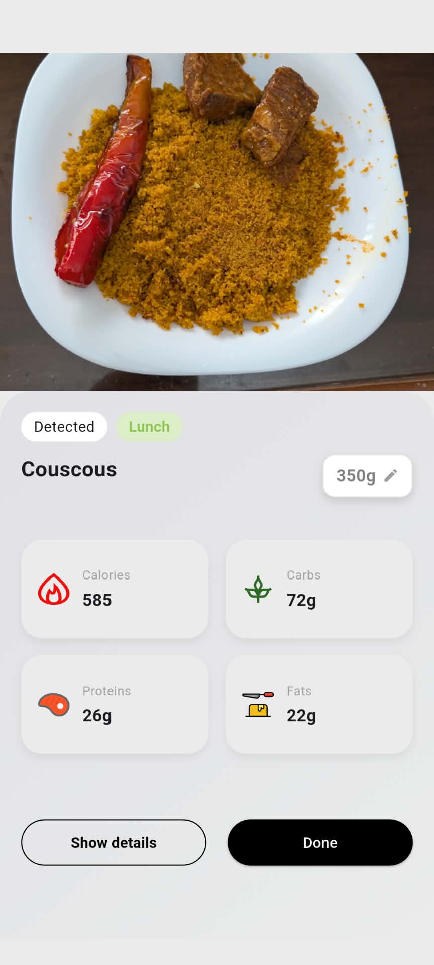 FitTN detecting a plate of couscous and showing calories and macros